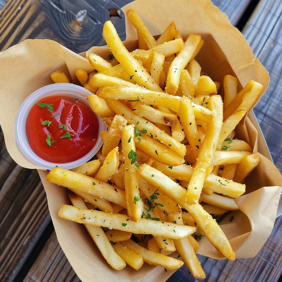 Golden french fries seasoned with herbs and pepper, served in a paper container with ketchup.