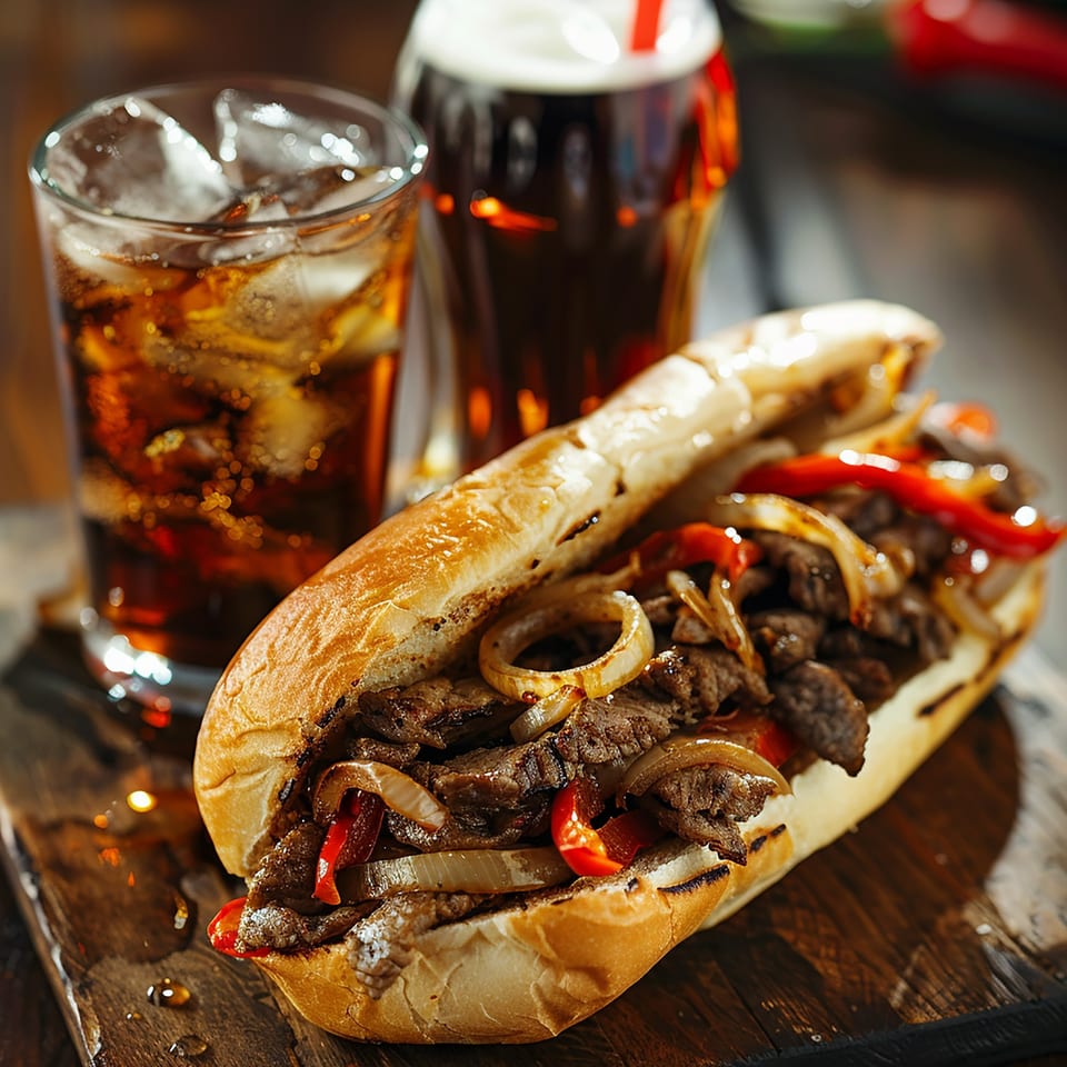 Cheesesteak sandwich with steak, onions, and red peppers, served with two glasses of soda.
